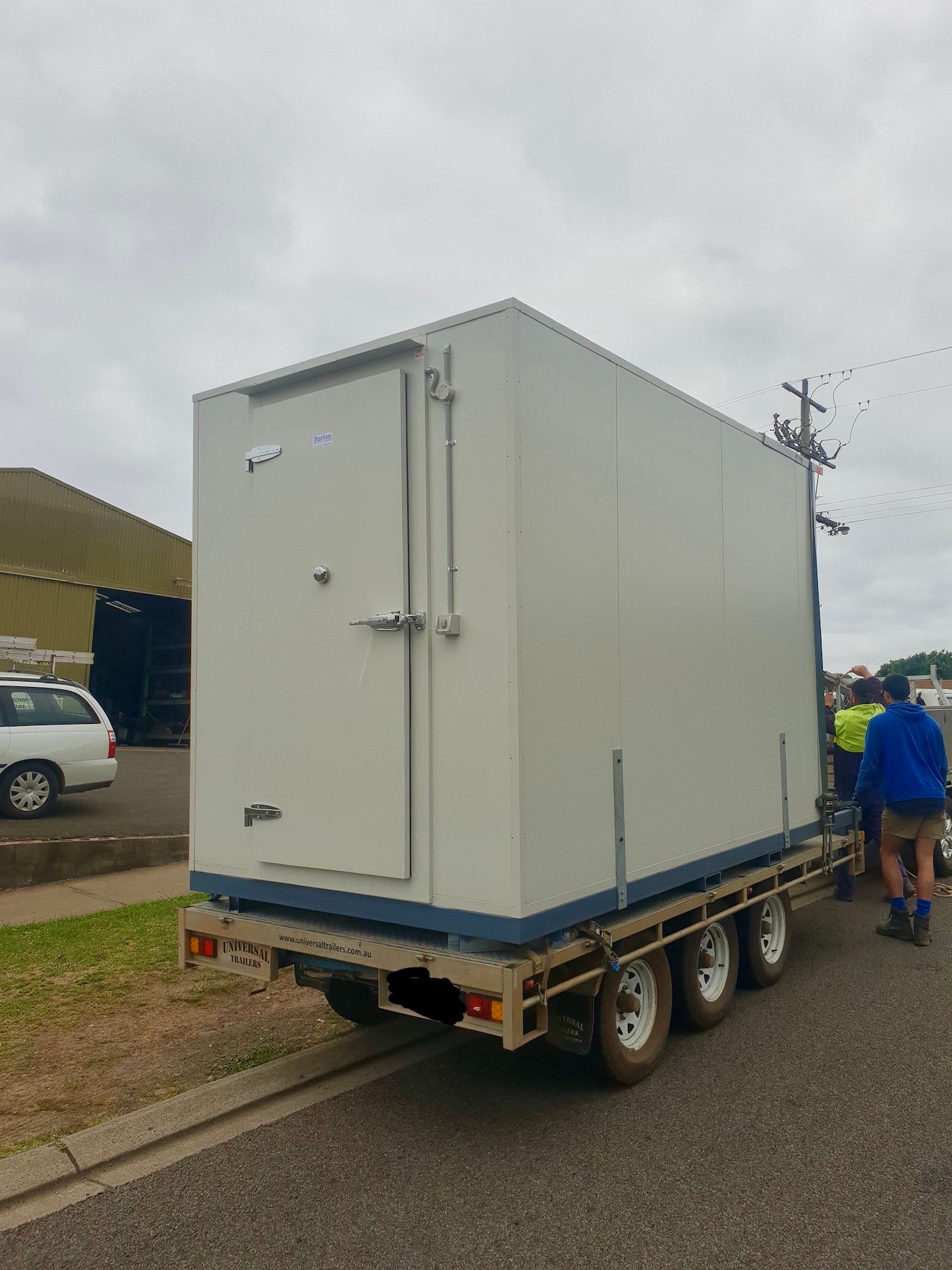 Portable coolroom on trailer — front door view